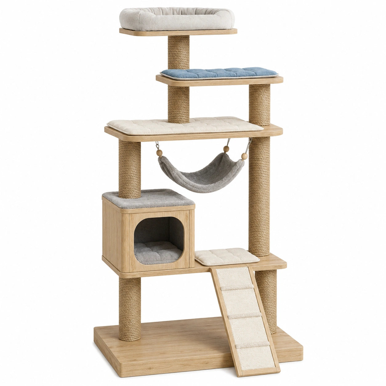 Árbol rascador para gatos de madera con cojines Beige y Azul