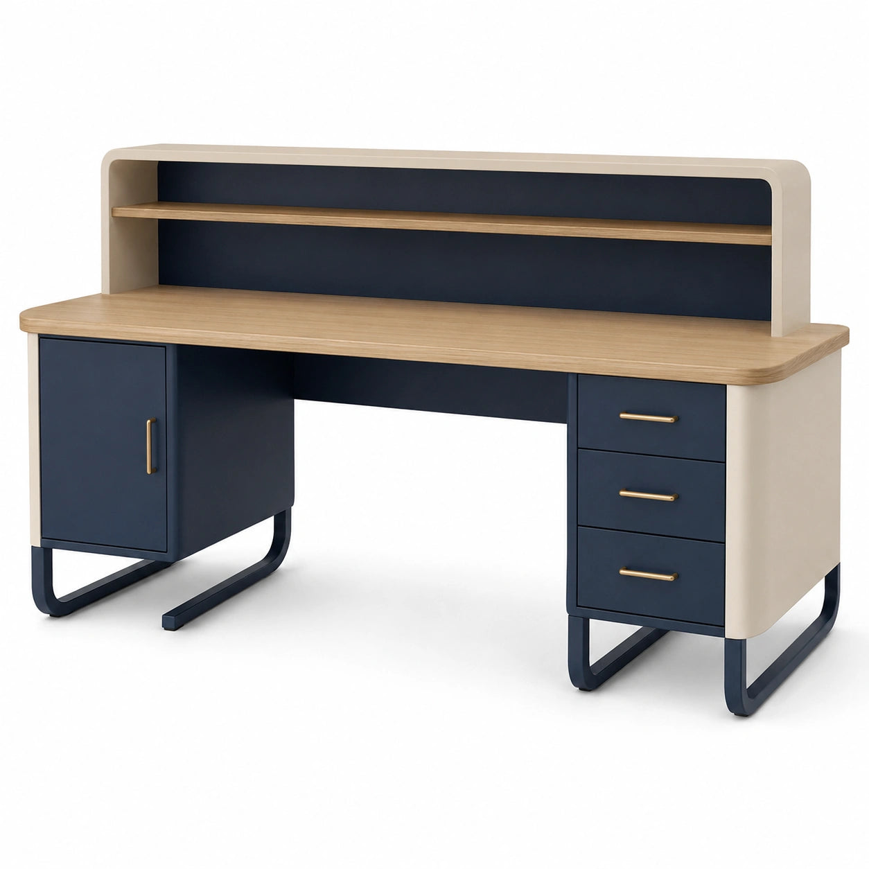 Escritorio de madera y metal azul oscuro con almacenamiento