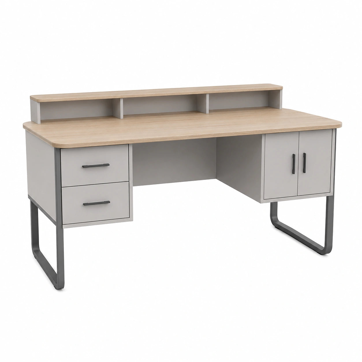 Escritorio de MDF y Metal con Cajones y Estantes Superiores