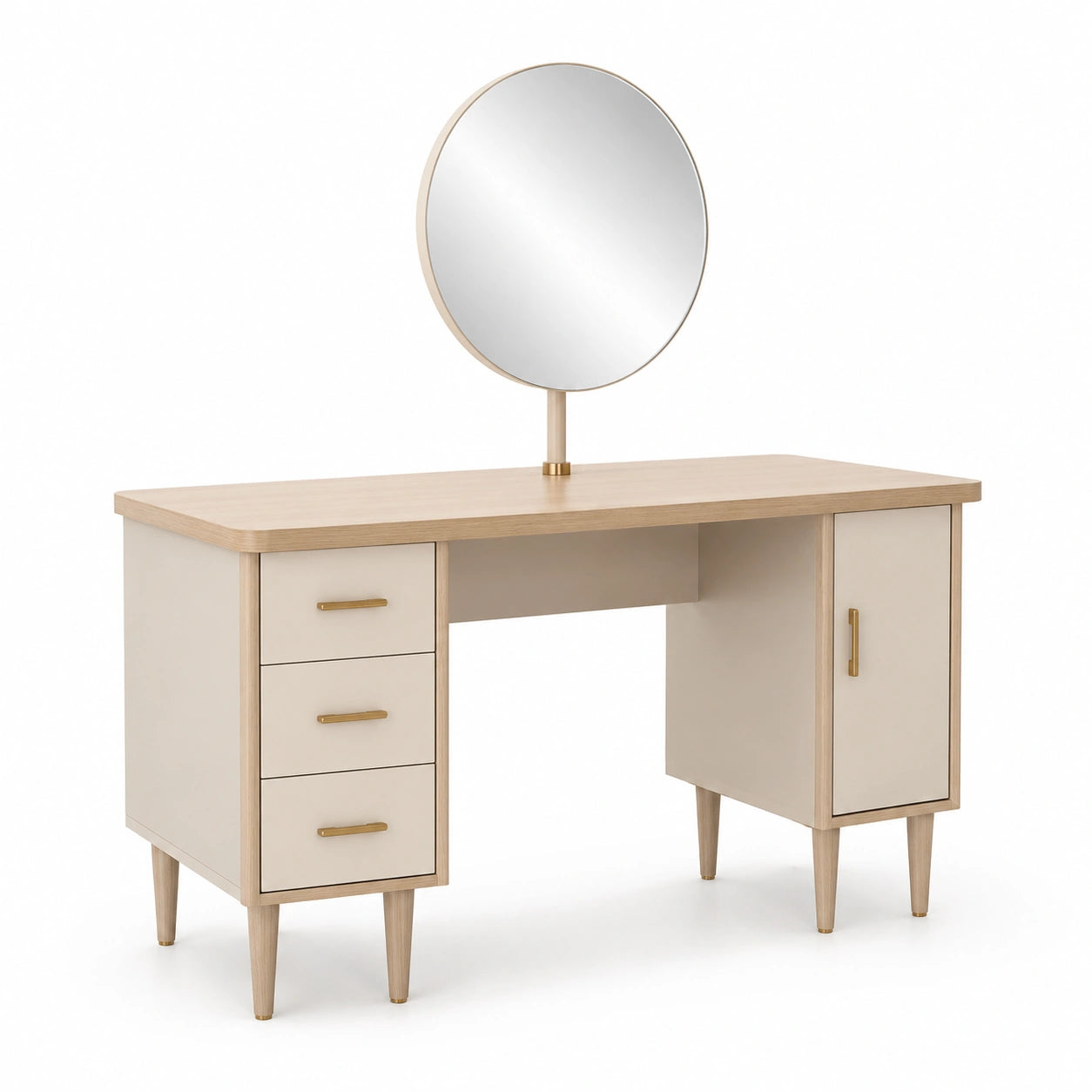 Tocador de Madera y MDF con Espejo Redondo Beige