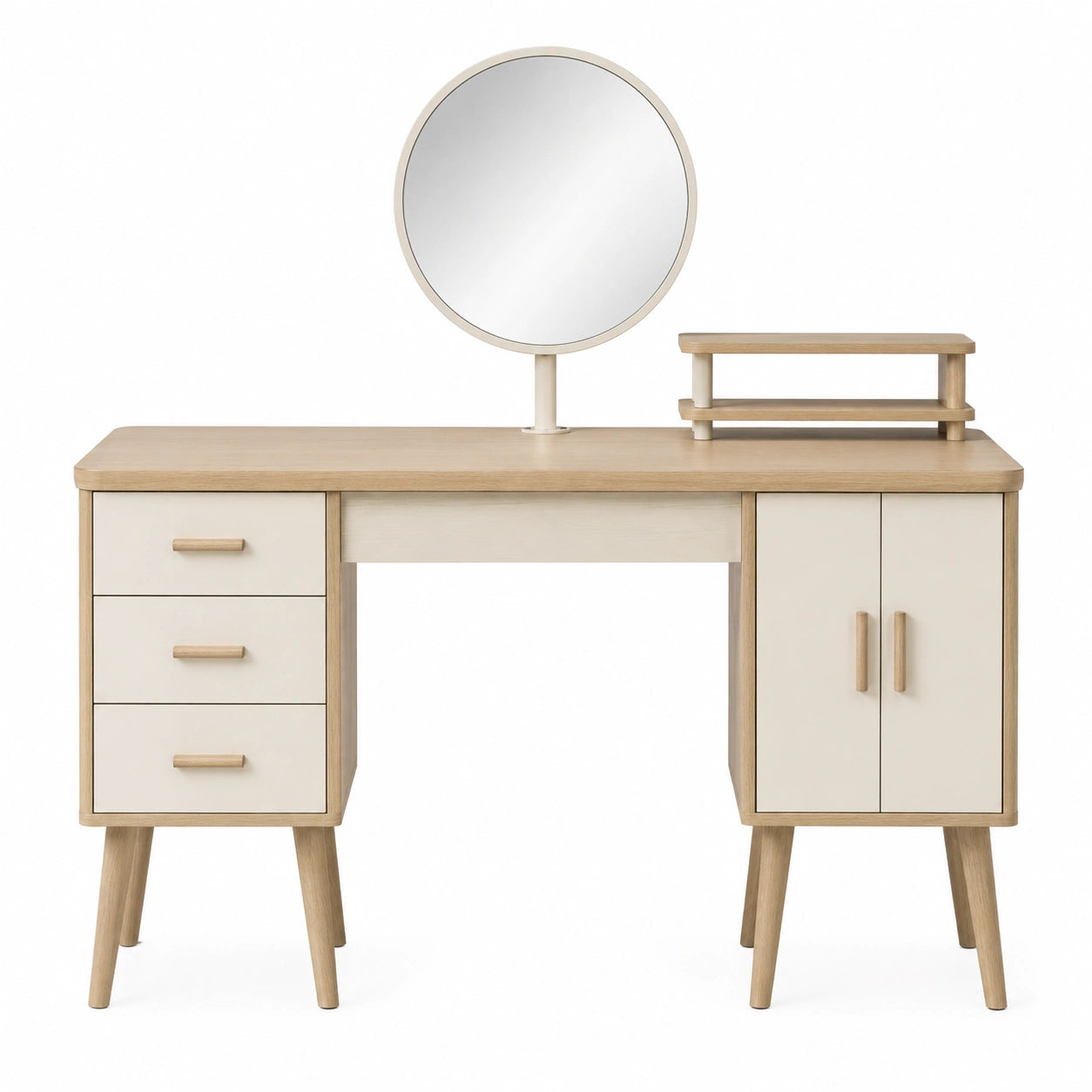 Tocador de Madera de Roble y MDF con Espejo Redondo Beige