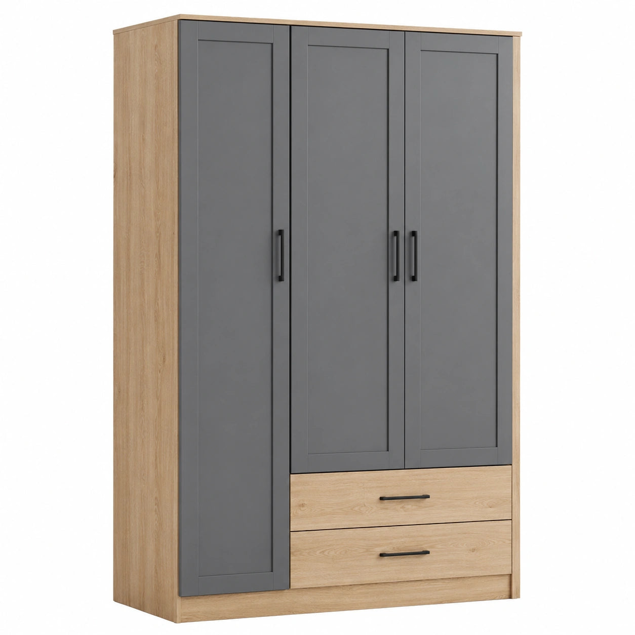 Armario de MDF con 3 puertas y 2 cajones gris y roble