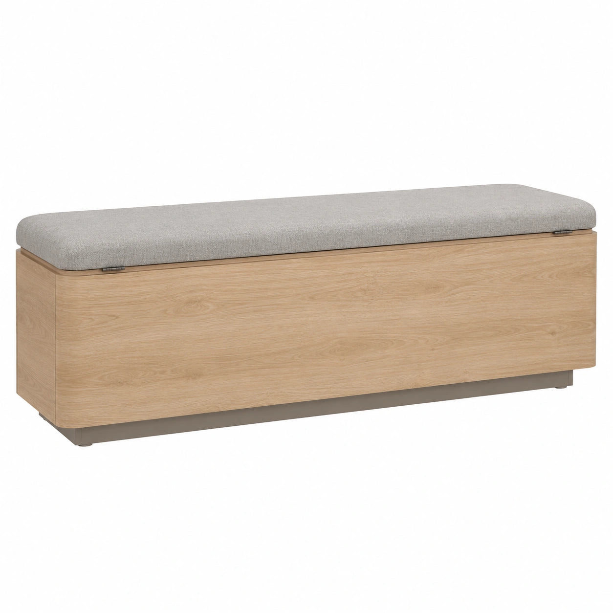 Banco de madera con asiento de tela gris y almacenamiento 120x40x45 cm