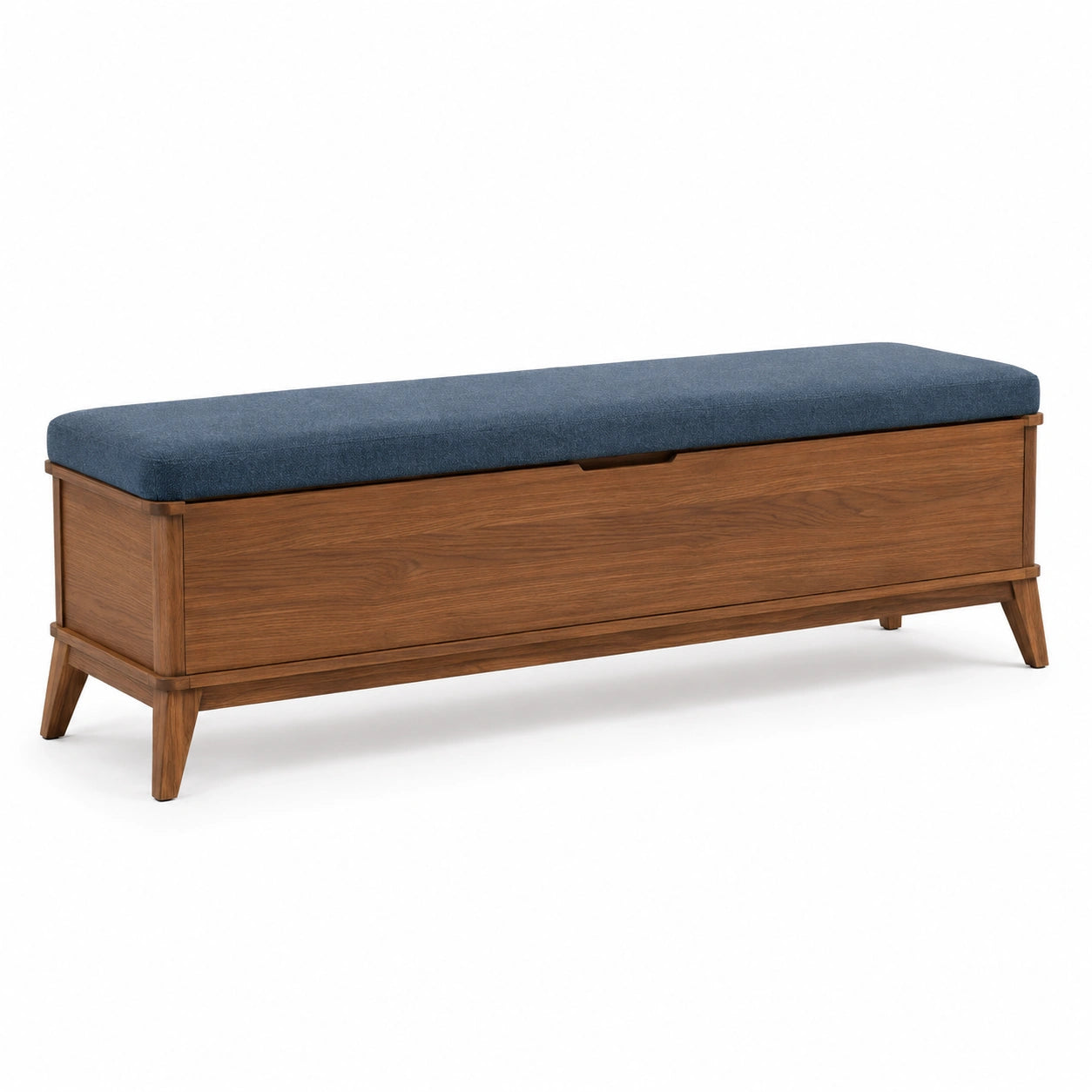 Banco de madera de nogal con almacenamiento y asiento tapizado azul