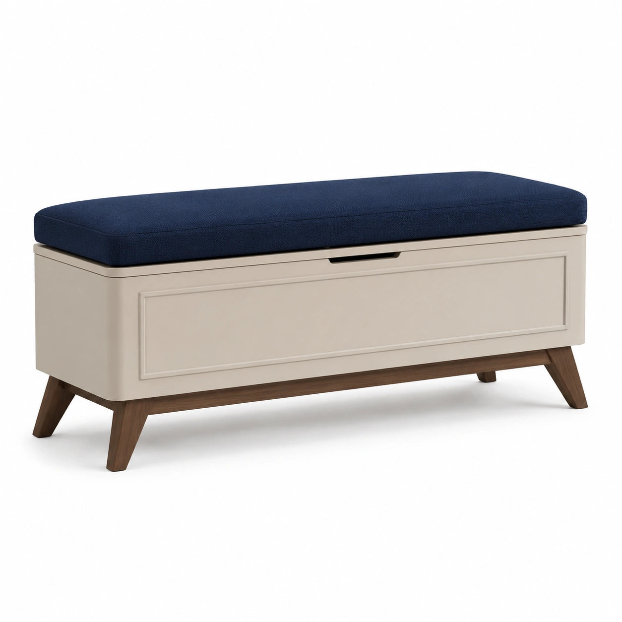 Banco de almacenamiento MDF con cojín azul y base de madera
