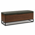 Banco de almacenamiento de madera y metal con asiento de cuero sintético
