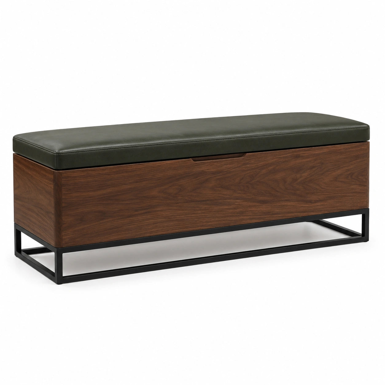 Banco de almacenamiento de madera y metal con asiento de cuero sintético