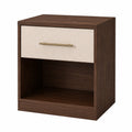 Mesa de noche de madera con cajón blanco y tirador dorado