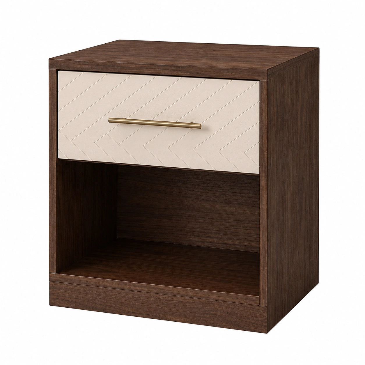 Mesa de noche de madera con cajón blanco y tirador dorado