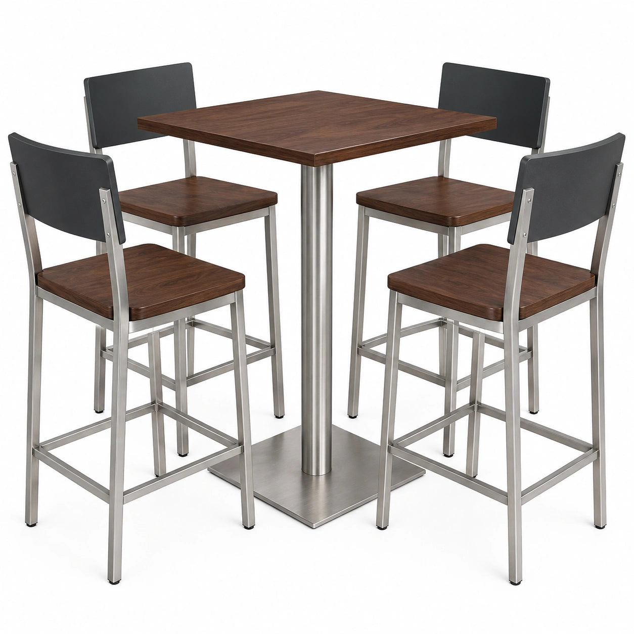 Conjunto de mesa y sillas altas de madera y metal color Nogal oscuro y Negro
