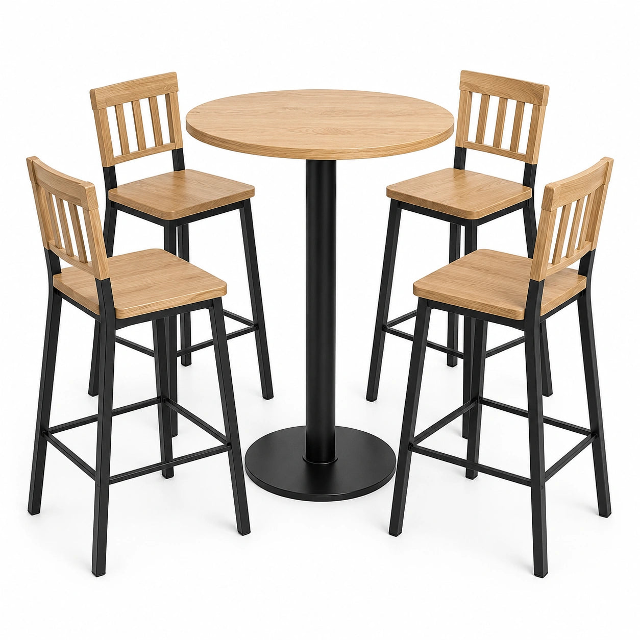 Conjunto de mesa alta redonda y 4 taburetes de madera y metal
