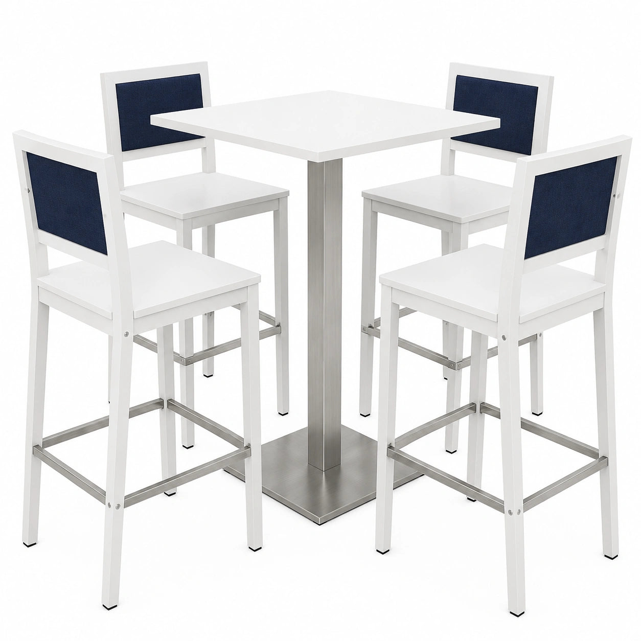 Conjunto de Mesa Alta de Aluminio y 4 Sillas con Respaldo Azul