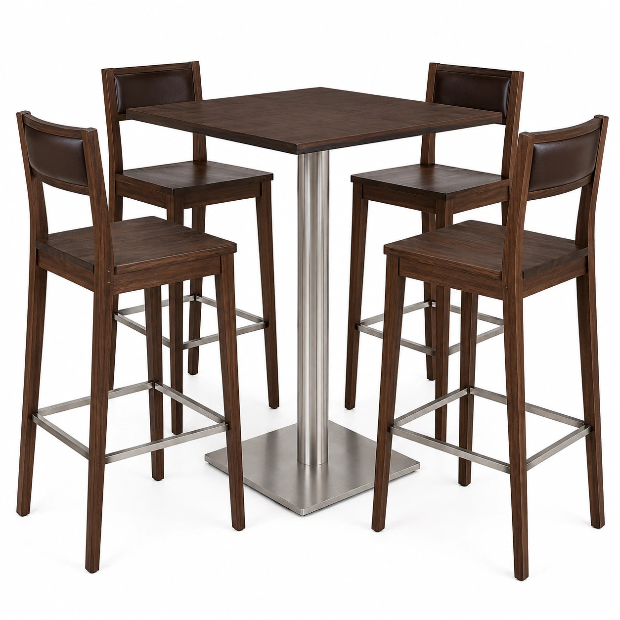 Conjunto de Mesa Alta con 4 Taburetes de Madera y Acero Inoxidable