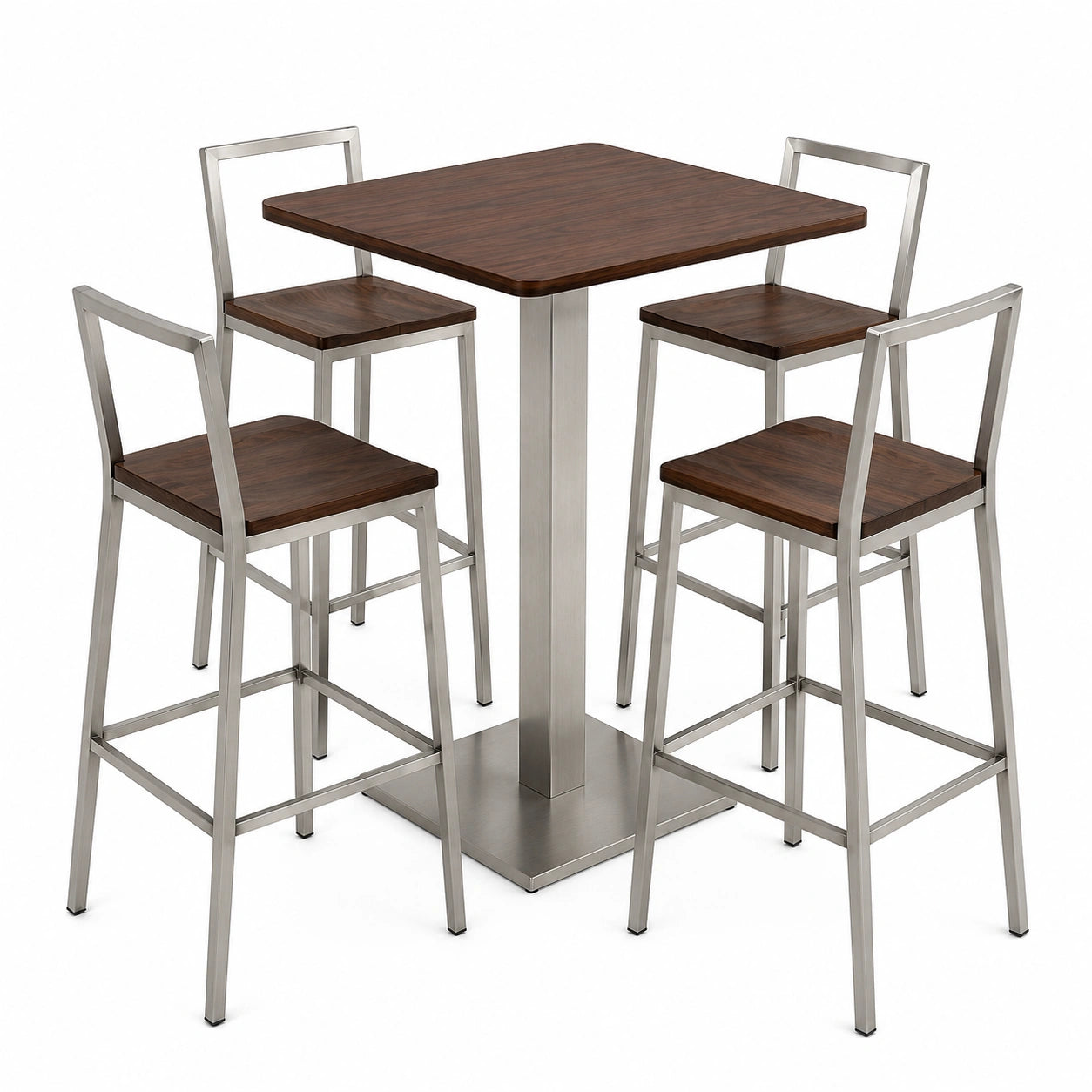 Conjunto de Mesa Alta y Sillas de Madera y Acero Inoxidable, Color Nogal y Plata