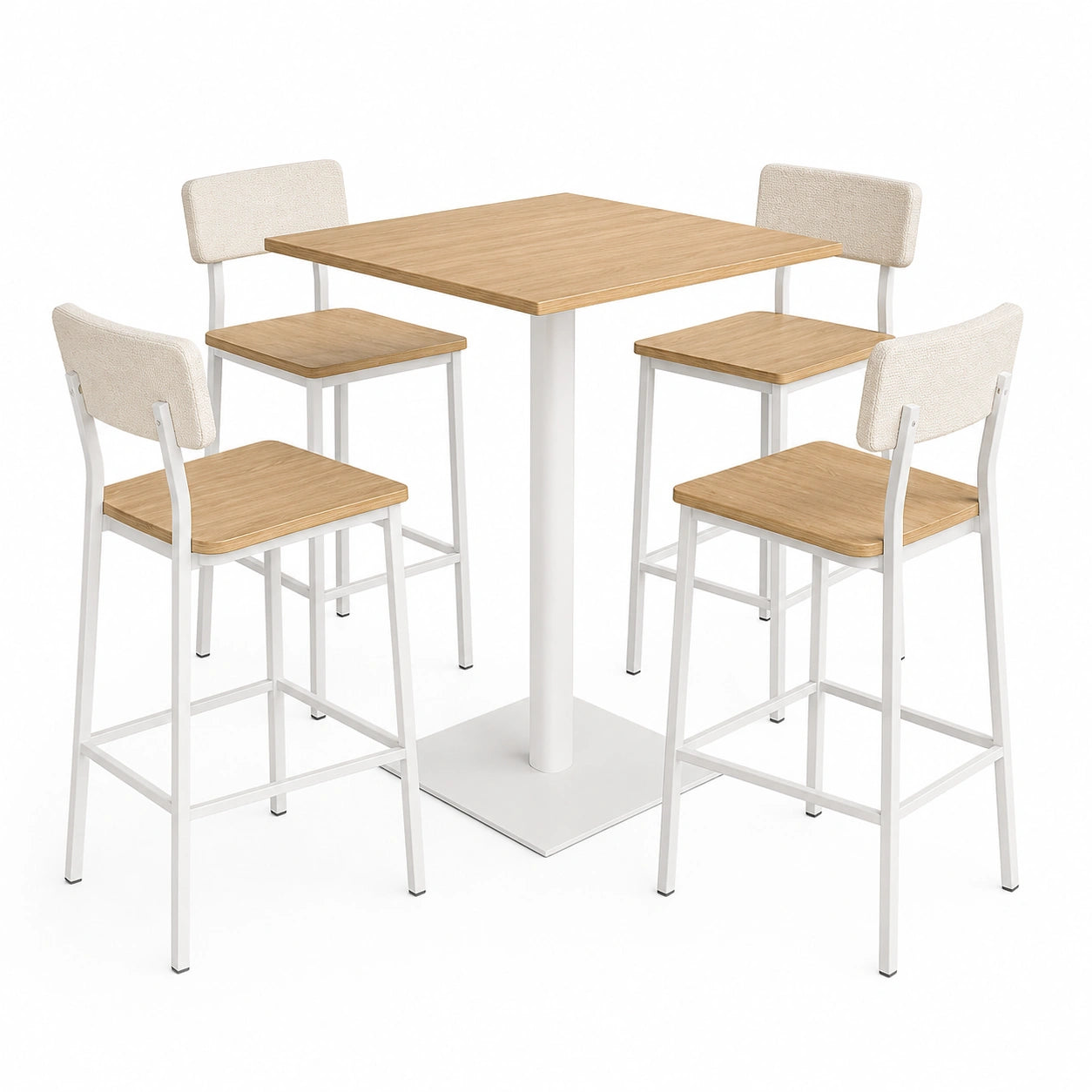 Conjunto de Mesa Cuadrada y 4 Taburetes de Haya y Acero
