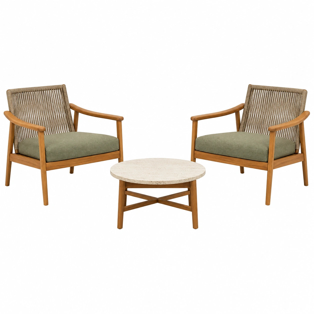 Conjunto de Sillones de Madera de Teca y Mesa de Mármol Travertino