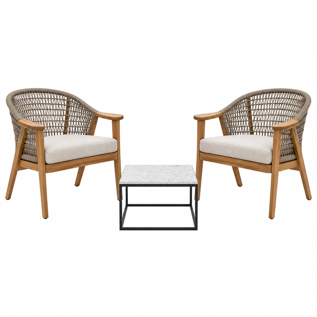 Conjunto de Sillas de Madera con Cuerda y Mesa de Mármol