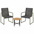 Conjunto de 2 Sillas Metálicas Verdes con Asiento de Cuerda Negra y Mesa Redonda de Madera