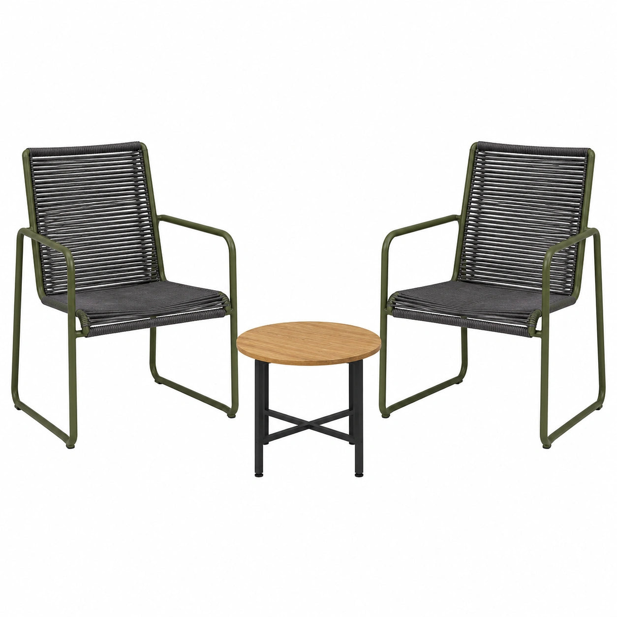 Conjunto de 2 Sillas Metálicas Verdes con Asiento de Cuerda Negra y Mesa Redonda de Madera
