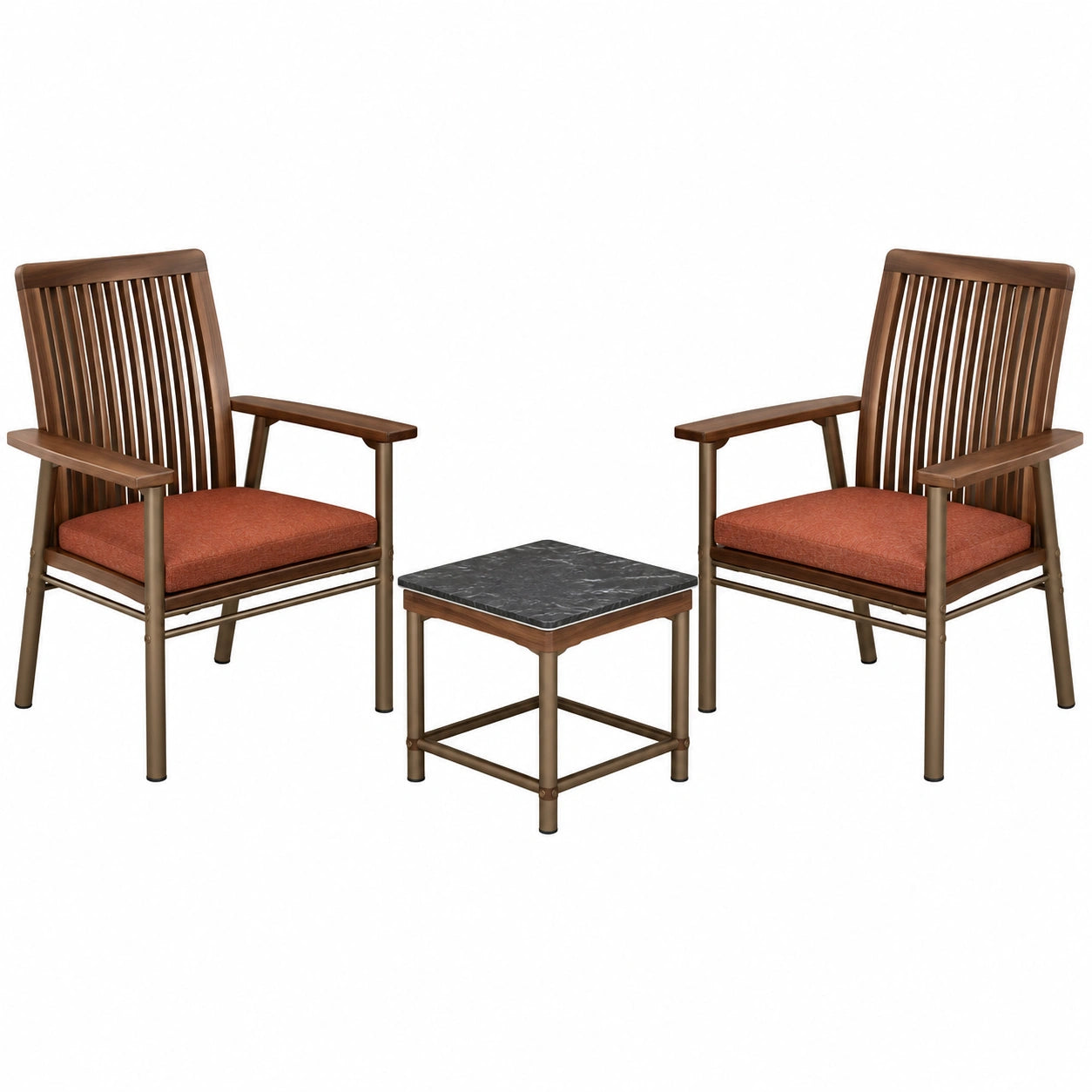 Conjunto de Sillas de Aluminio x2 con Cojines Rojos y Mesa de Centro de Mármol