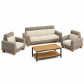 Conjunto de Sofás de Tela Beige y Gris con Mesa de Centro de Madera y Metal