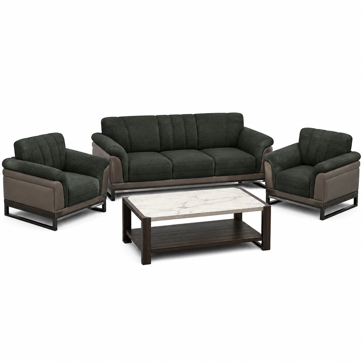 Conjunto de Sofá 3+1+1 de Tela y Cuero Sintético Gris/Negro con Mesa de Centro de Mármol