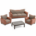 Set de Sala de Sofá de Tres Plazas y Dos Sillones de Cuero Sintético Marrón y Tela Gris