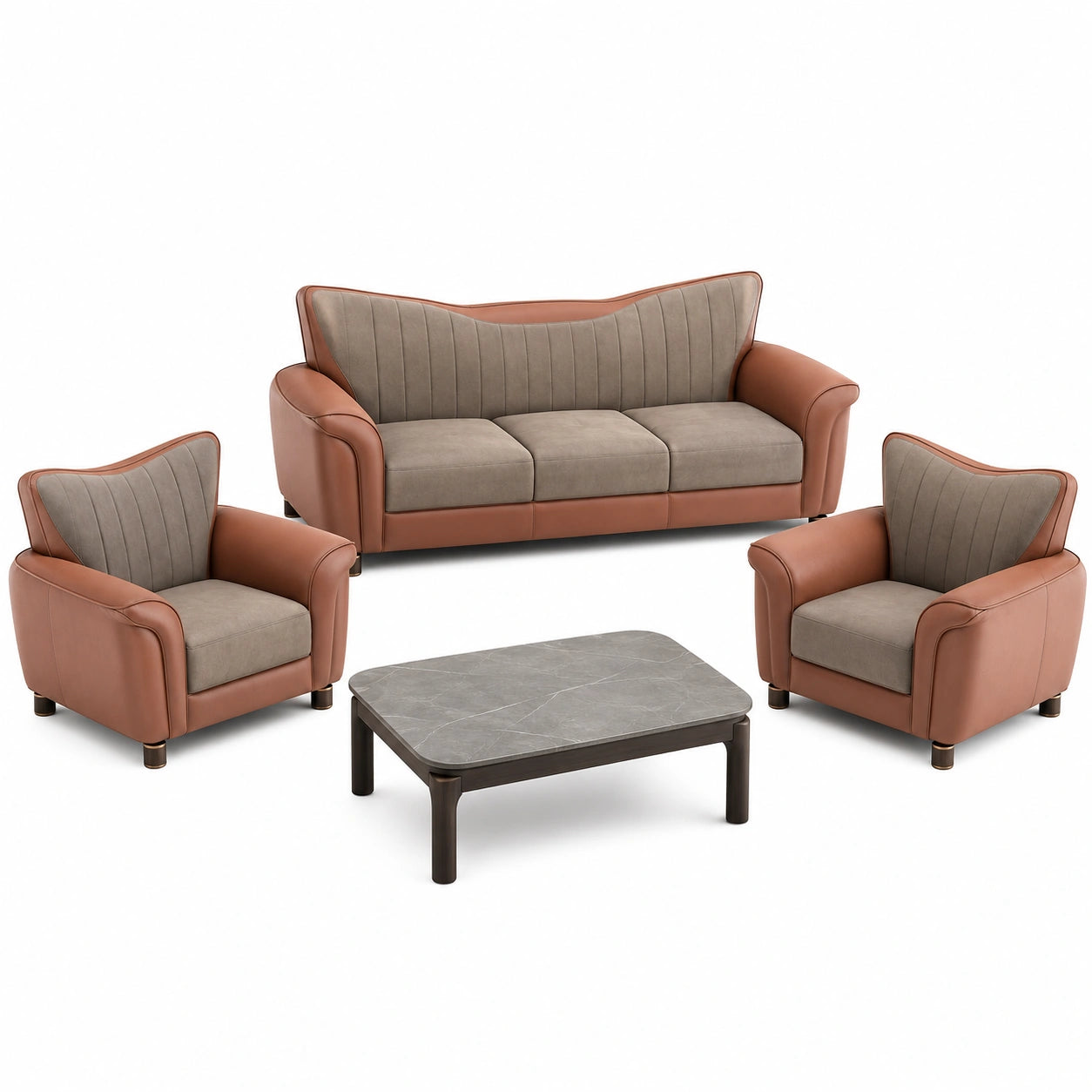 Set de Sala de Sofá de Tres Plazas y Dos Sillones de Cuero Sintético Marrón y Tela Gris
