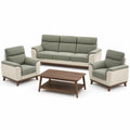 Conjunto de sala de estar de tela y madera en verde y crema con sofá, sillones y mesa de centro