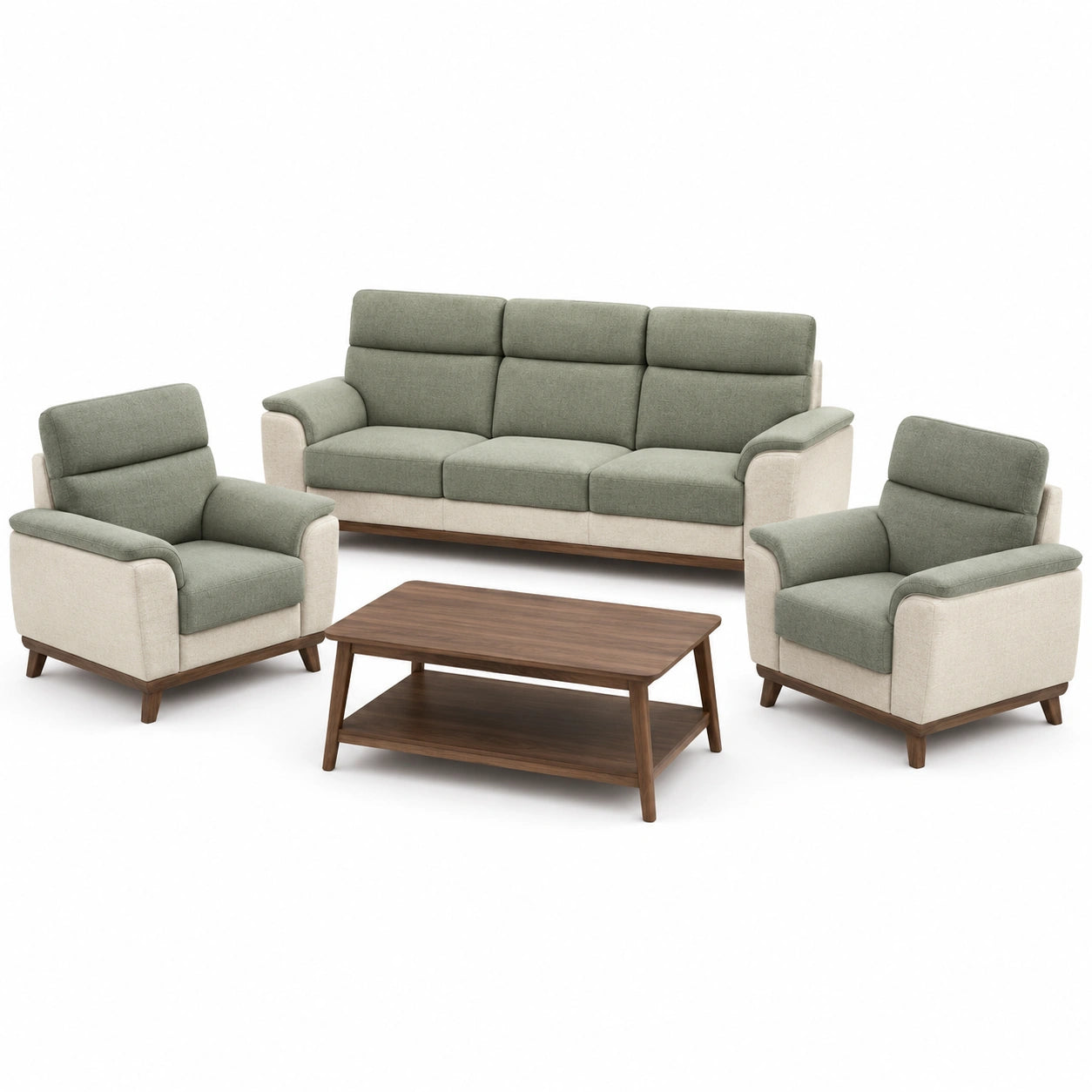 Conjunto de sala de estar de tela y madera en verde y crema con sofá, sillones y mesa de centro